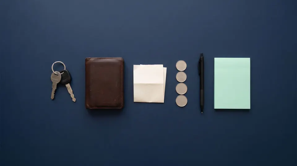 Car keys, a leather wallet, a blank folded receipt, plain coins, a pen and a mint-green notepad in a row on a navy tabletop.