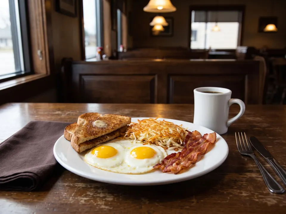 A diner breakfast on a white plate, two sunny-side-up eggs, hash browns, toast and bacon, with a mug of black coffee on a dark wooden table.
